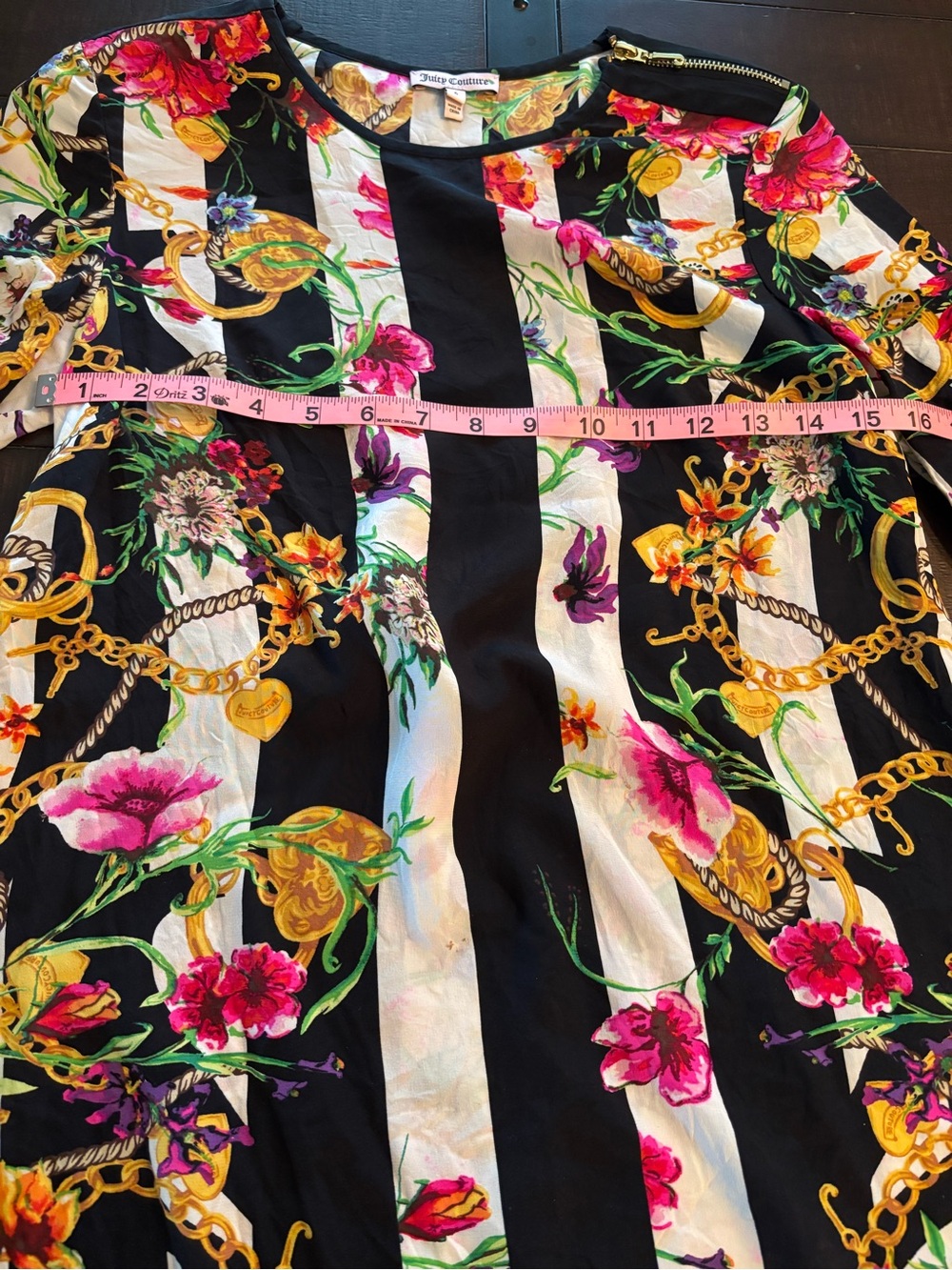 Juicy Couture Black, White, Pink & Gold Floral Stripe Mini Dress - Picture 7 of 12